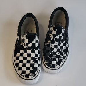 Classic Vans Checkerboard Slip-On Sneakers Black Velvet + White Splatter Design